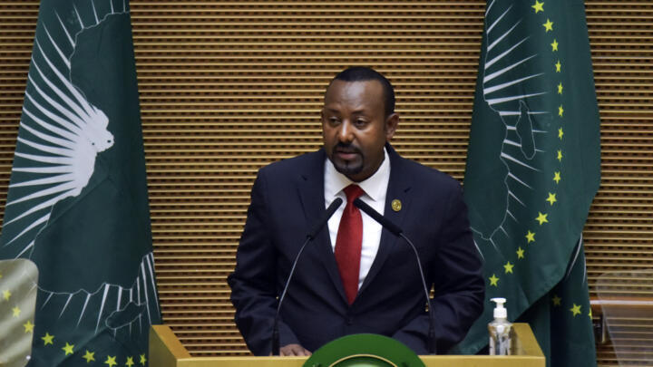 Ethiopia Prime Minister Abiy Ahmed addresses the African Union Summit in Addis Ababa, Ethiopia on February 18, 2023.